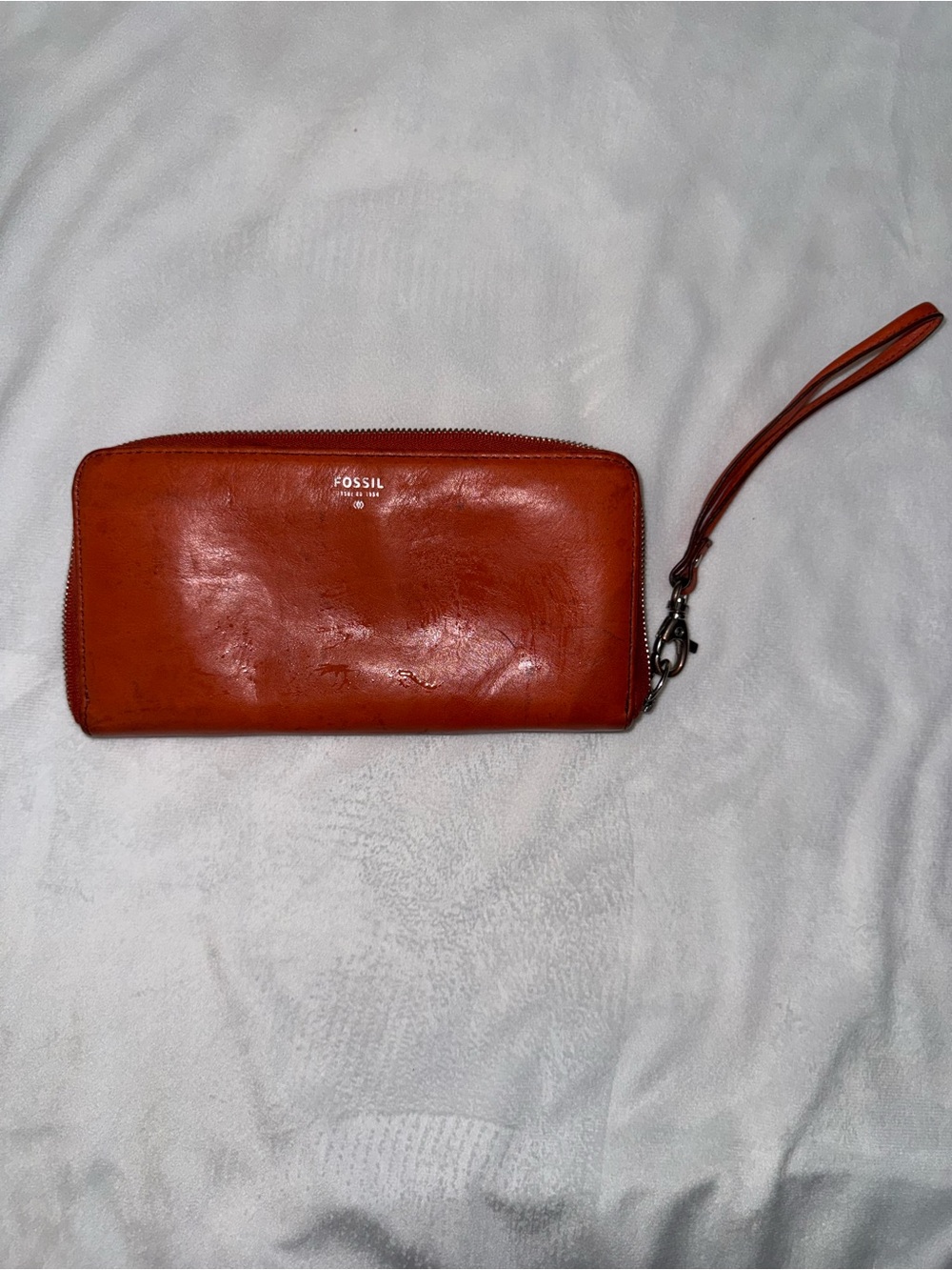 Fossil Orange Leather Zip Around Wristlet Wallet – AS IS Zipper Repair